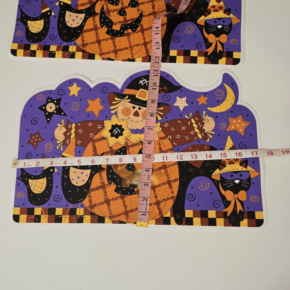 VTG Vinyl Happy Harvest Pumpkin Scarecrow Black Cat Farm Place Mat‎ Set of 2 90s